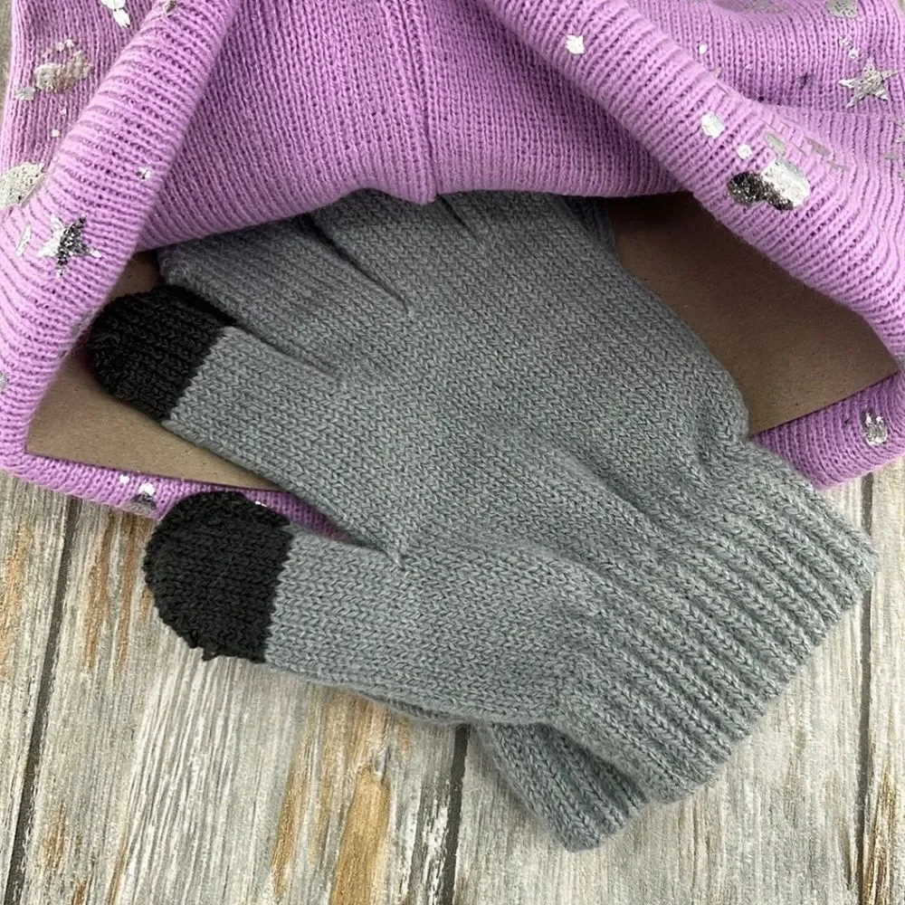 Girls Justice Ribbed & Full Print Winter Cozy Beanie and Gloves 2, 2-Piece Sets